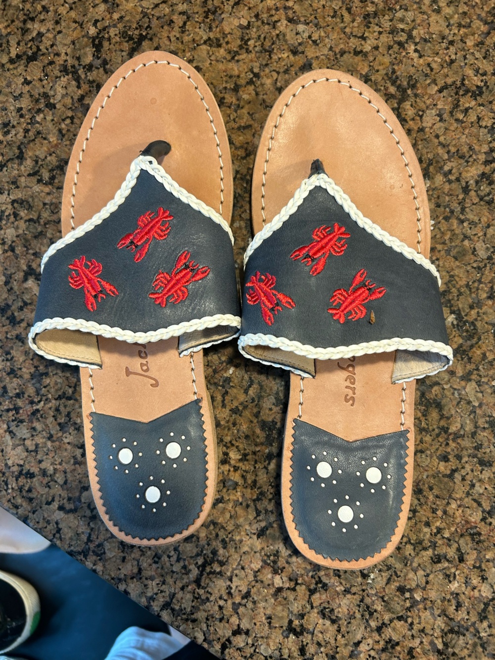 Jack Rogers Navy Leather Slide Sandals with Red Lobster Embroidery